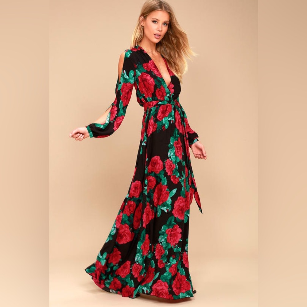 Lulu's Black Maxi Dress with Red Rose & Green Leaf Print